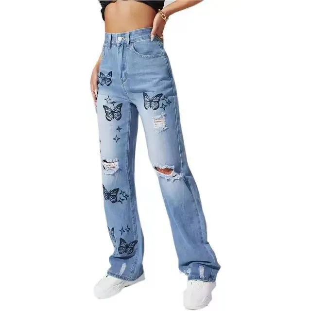 Women’s Straight Leg Pants with Butterfly Accents