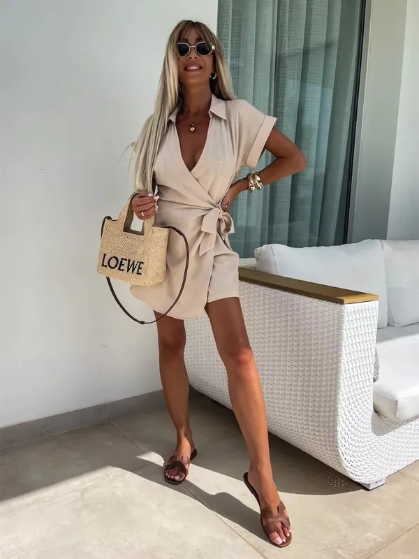 Wrap Tie Waist Jumpsuit with Lapel Collar and Short Sleeves