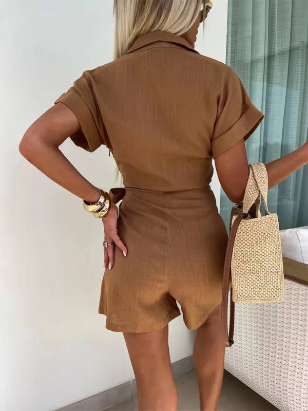 Wrap Tie Waist Jumpsuit with Lapel Collar and Short Sleeves