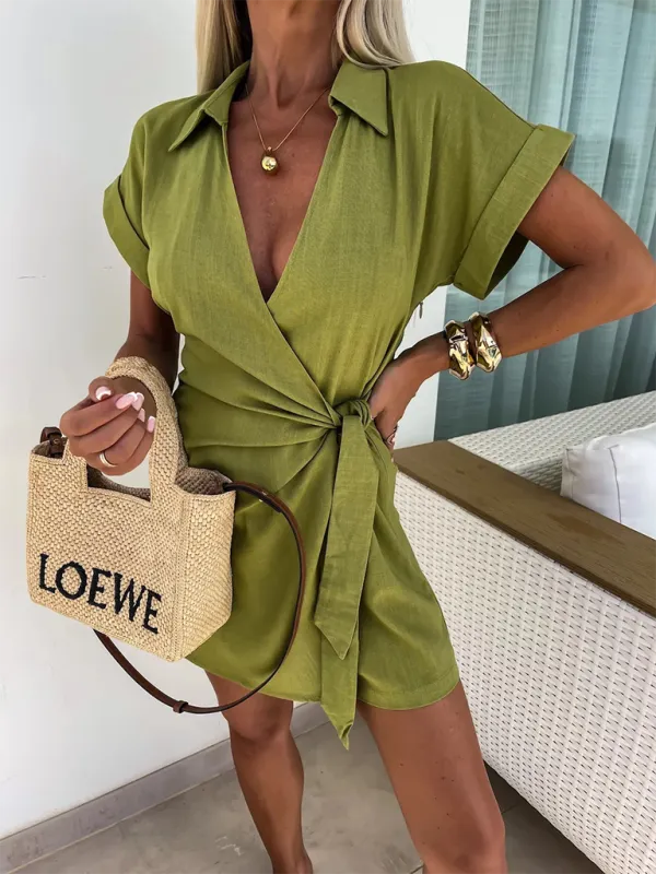Wrap Tie Waist Jumpsuit with Lapel Collar and Short Sleeves