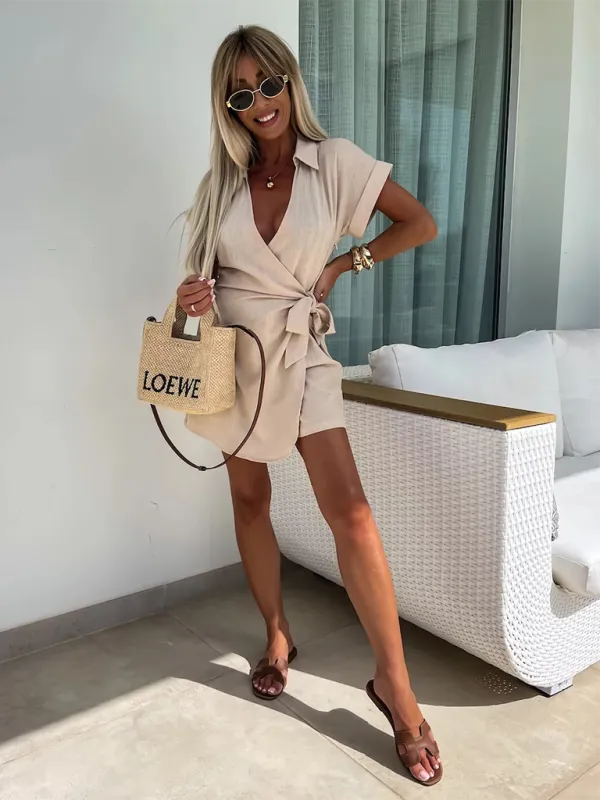 Wrap Tie Waist Jumpsuit with Lapel Collar and Short Sleeves