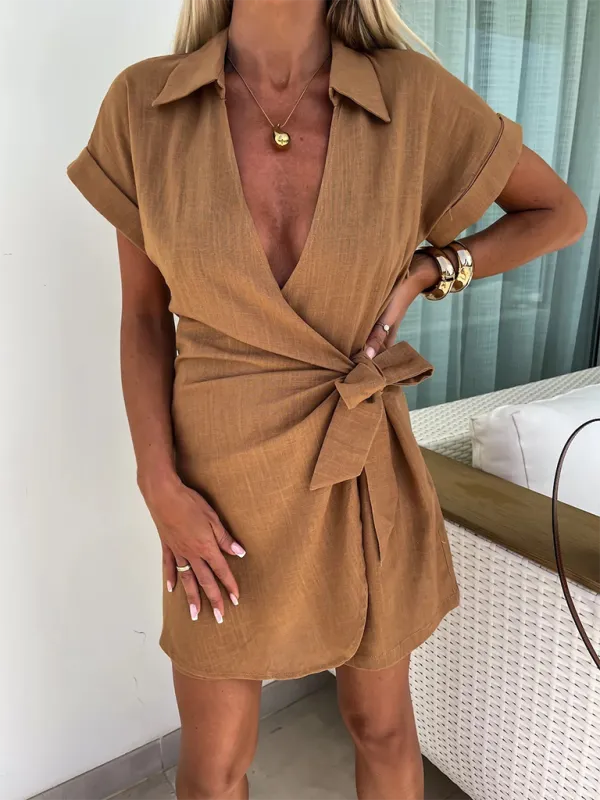 Wrap Tie Waist Jumpsuit with Lapel Collar and Short Sleeves