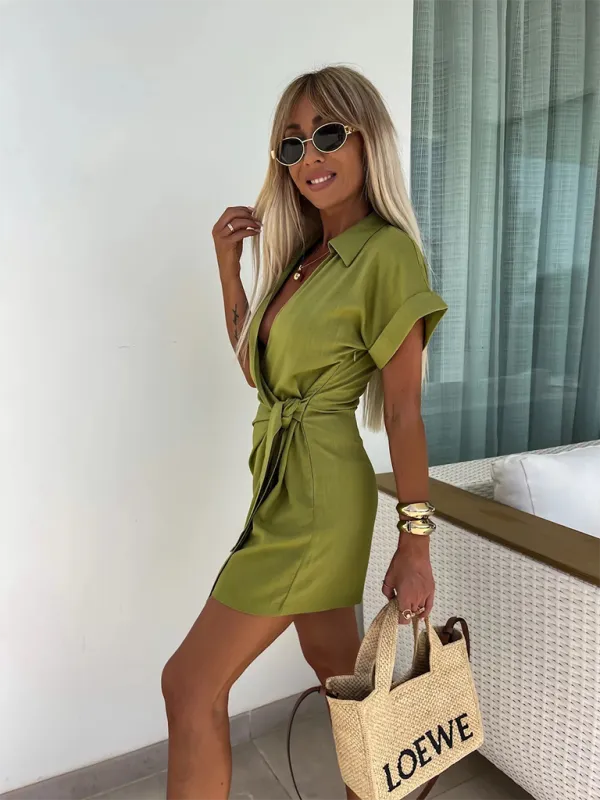Wrap Tie Waist Jumpsuit with Lapel Collar and Short Sleeves