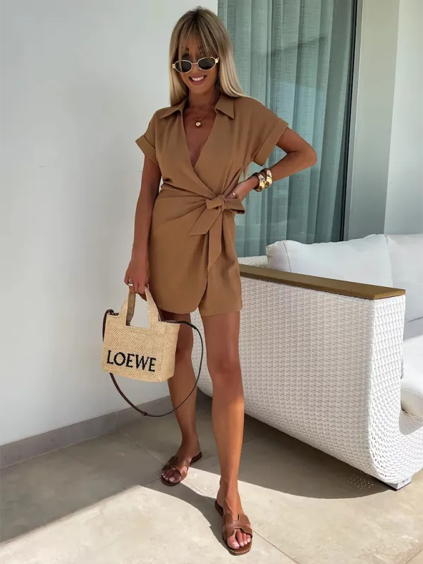 Wrap Tie Waist Jumpsuit with Lapel Collar and Short Sleeves