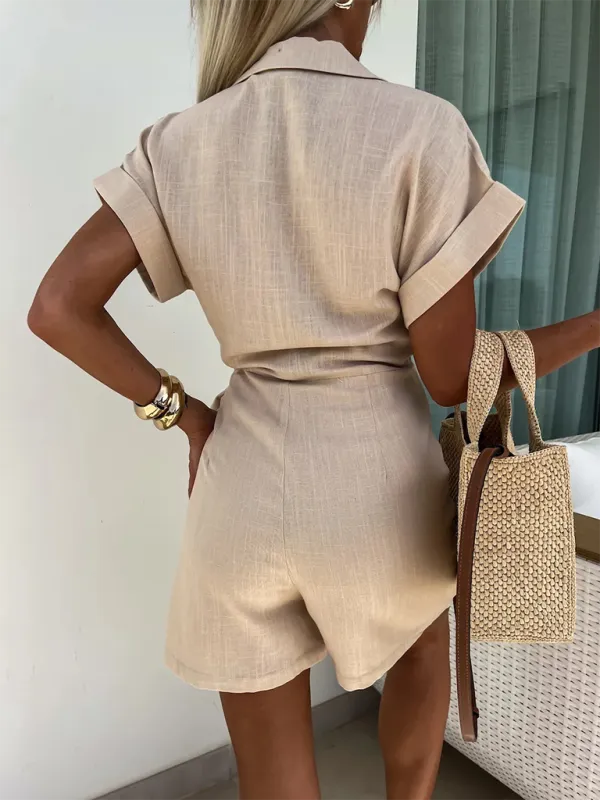 Wrap Tie Waist Jumpsuit with Lapel Collar and Short Sleeves