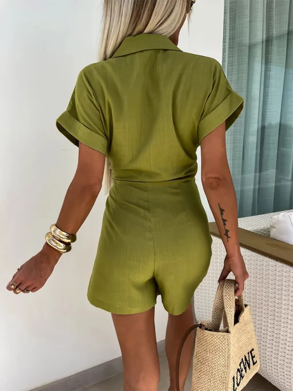 Wrap Tie Waist Jumpsuit with Lapel Collar and Short Sleeves