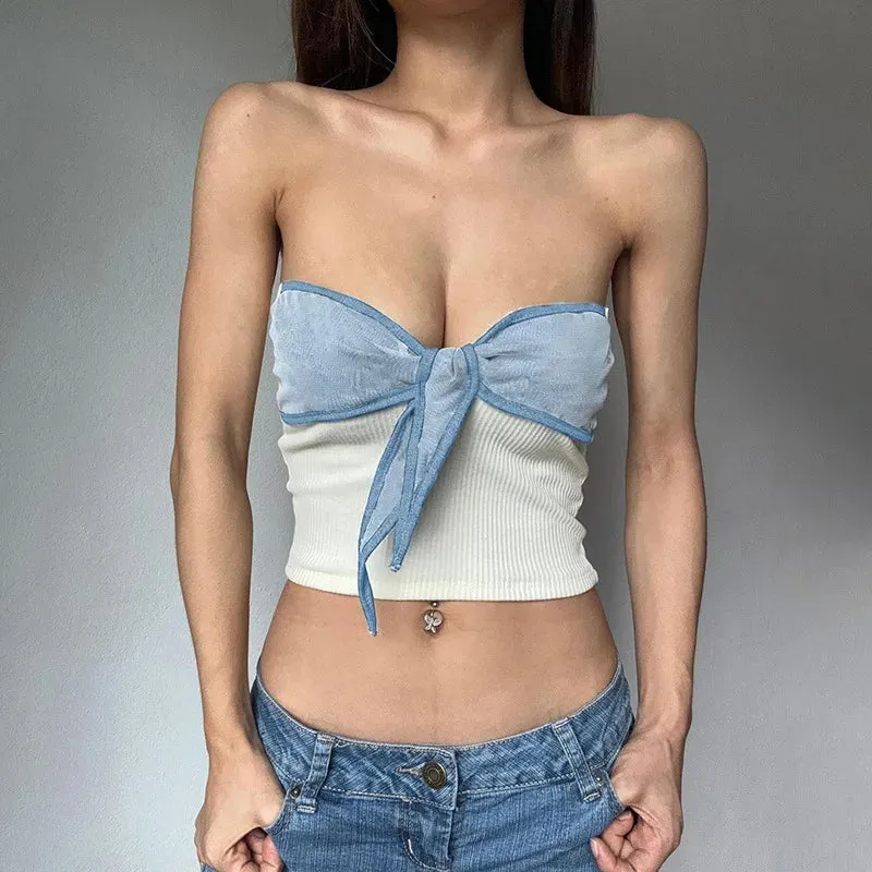 Y2K Tie Front Strapless Top