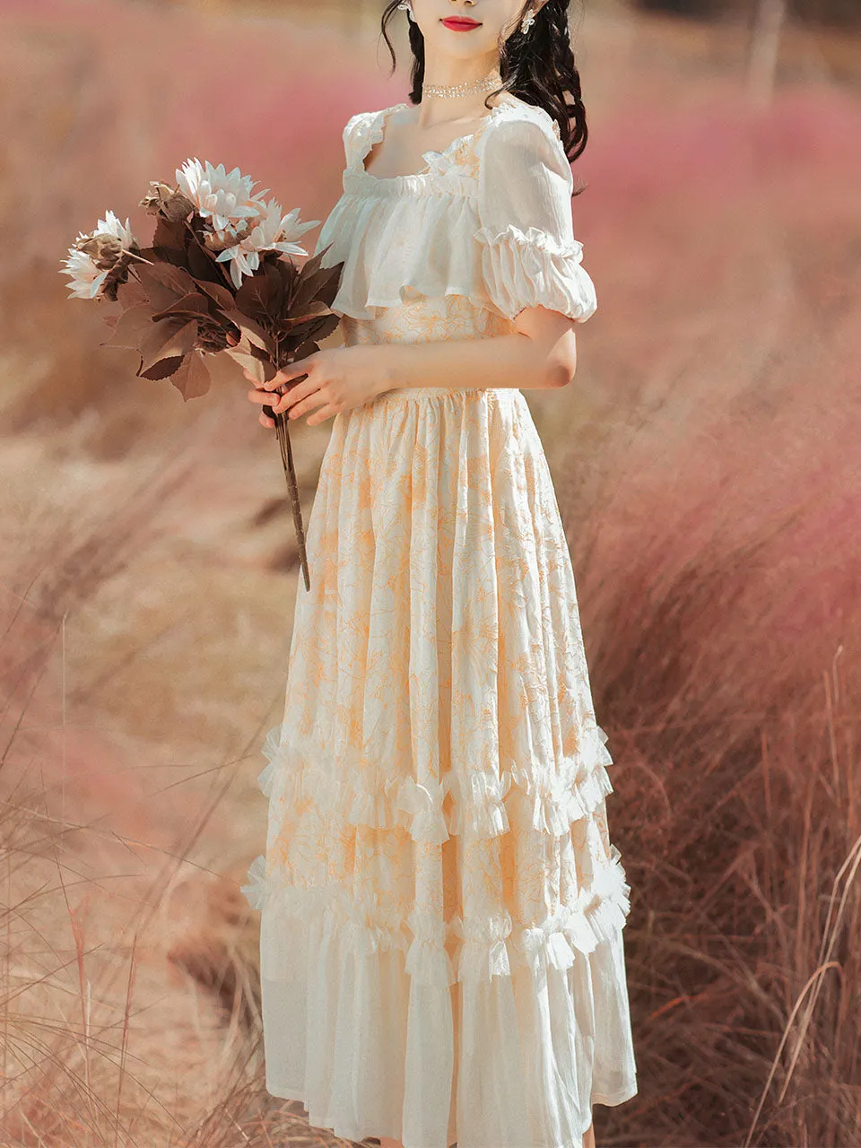 Yellow Square Neck Ruffle Short Sleeve Vintage Fairy Dress