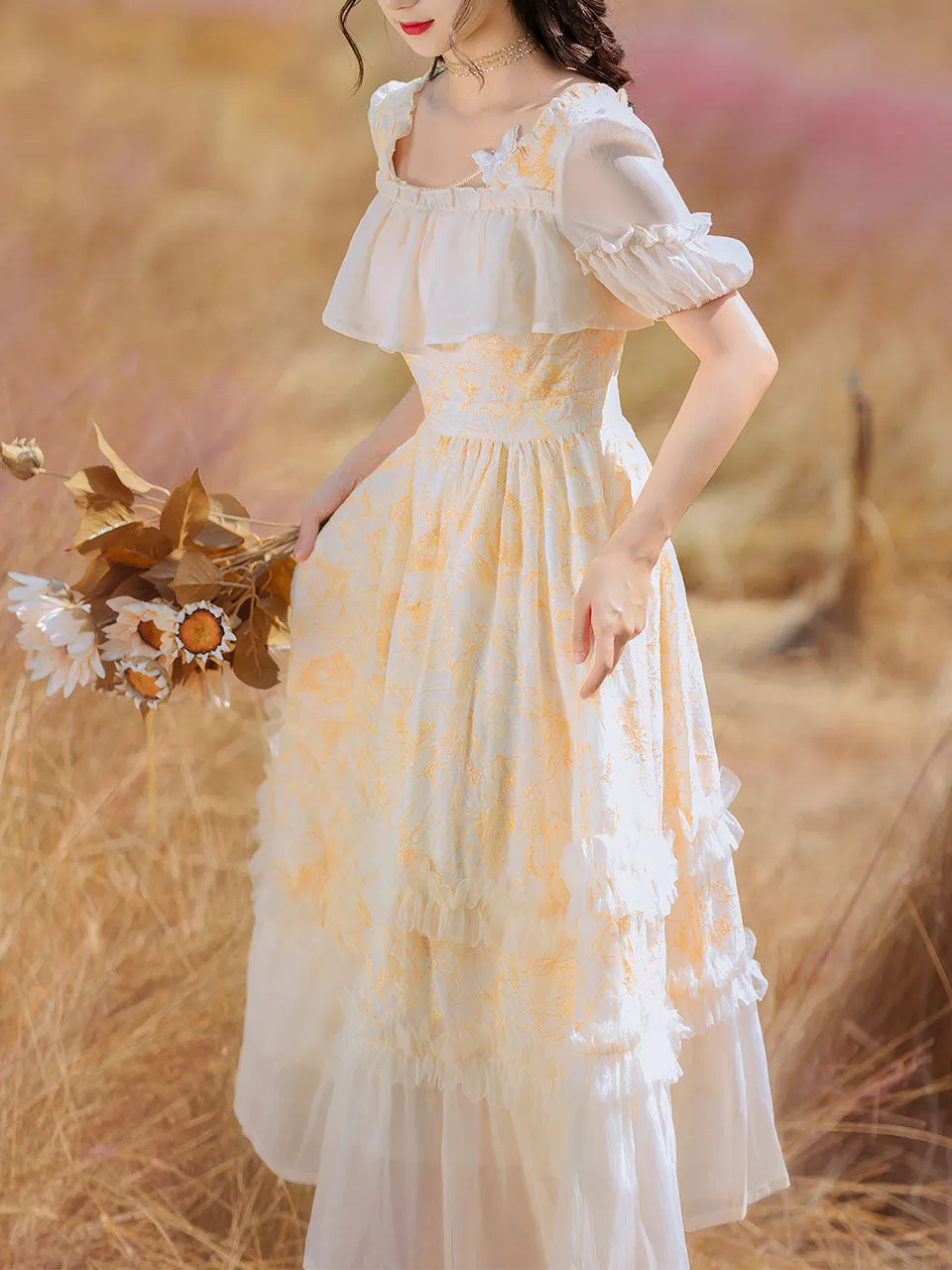 Yellow Square Neck Ruffle Short Sleeve Vintage Fairy Dress